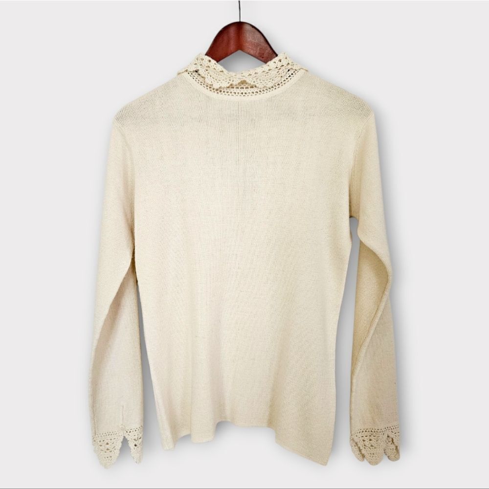 Soft Surroundings Wool Blend Crocheted Turtle Neck Collared Sweater in Cream S